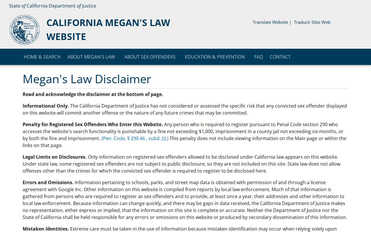 Redondo Beach people search California Megan's Law registry