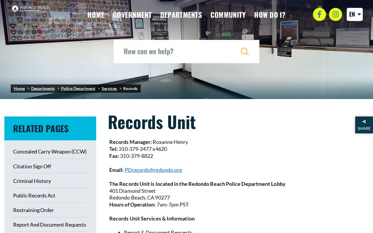 Redondo Beach people search Police Records Unit request page
