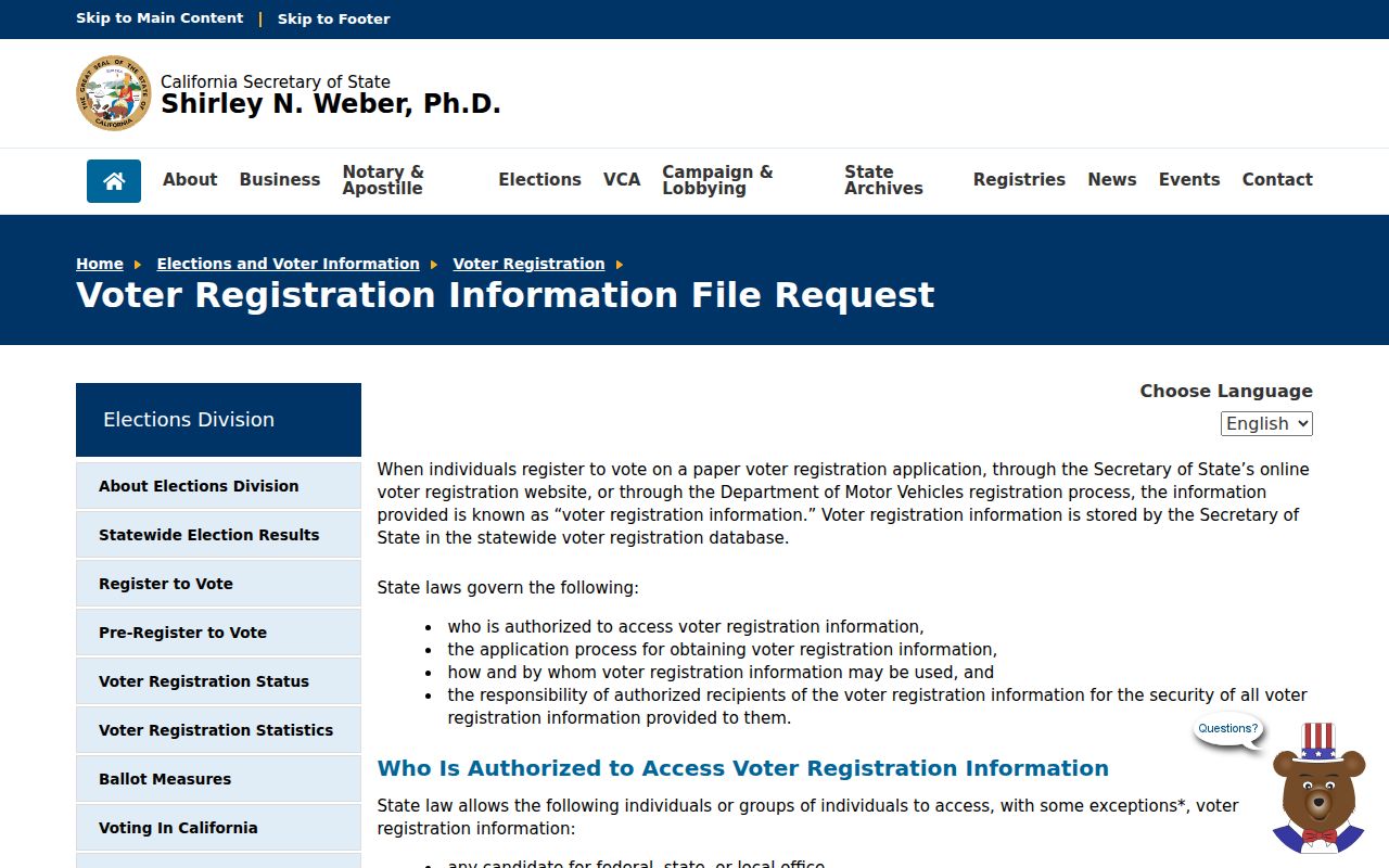 Redondo Beach voter registration file request rules from the California Secretary of State